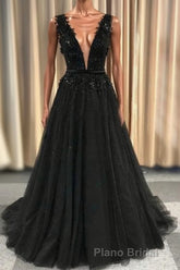 Formal Deep V-neck Long Black Party Formal Prom Dresses With Lace Appliques