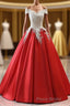 Modest Red Cap Sleeves Ball Gowns Lace Satin Formal Prom Dresses Evening Dresses
