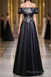 Beauty Off The Shoulder Floor Length Lace Up Long Black Formal Prom Dresses With Appliques