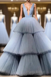 Modest Ball Gown Long V-neck Light Blue Princess Formal Prom Dresses Quinceanera Dresses