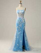 Mermaid Spaghetti Straps Key Hole Back Prom Dress With Split