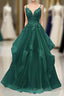 A-Line Tulle With Lace Applique Straps Long Party Dresses, Green Tulle Formal Prom Dresses
