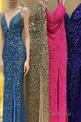 Mermaid Purple Sequin Long Formal Prom Dresses with Slit