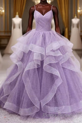 Princess Lavender Sparkly Spaghetti Straps Long Formal Prom Dresses Floor Length Evening Gown