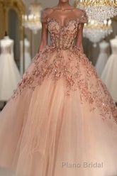 Princess Sparkly Sweetheart Formal Prom Dresses with 3d Flowers, Pink Quinceanera Dresses