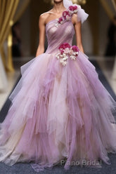 Puffy One Shoulder Sleeveless Tulle Formal Prom Dresses with Flowers, Ruffles Quinceanera Dresses