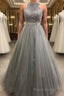 Gorgeous c A-line Scoop Beaded Long Formal Prom Dresses Evening Gowns