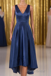 A Line Formal Satin V Neck High-Low Formal Prom Dresses