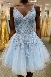 Blue Spaghetti Straps Homecoming Dresses With Appliques