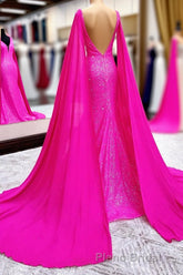 Hot Pink Mermaid Formal Prom Dresses With Wateau Train