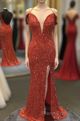 Orange Sparkly Spaghetti Straps Sequins Long Formal Prom Dresses with Slit