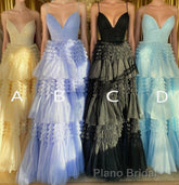 Sparkly Spaghetti Straps Tiered Tulle Formal Prom Dresses, New Long Party Gown