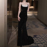 Spaghetti Strap Sweetheart Neckline Two Tone Rhinestone Accent Sequin Trained Open Back Mermaid Evening Gown