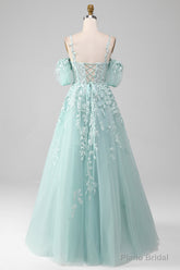 Mint A Line Tulle Off the Shoulder Lace Up Long Prom Dress With Appliques