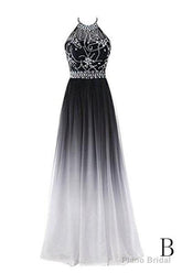 Classy Black And White Halter Lace Up Long Beaded Prom Dress