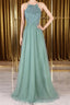 A Line Backless Lace Green Long Formal Prom Dresses, Backless Green Lace Formal Graduation Evening Dresses