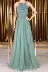 A Line Backless Lace Green Long Formal Prom Dresses, Backless Green Lace Formal Graduation Evening Dresses
