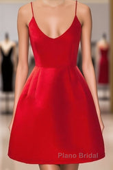 A Line Backless Short Red Formal Prom Dresses, Short Red Satin Homecoming Graduation Dresses, Red Formal Dresses