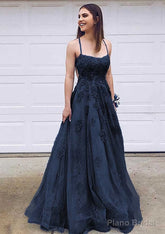 A-line Bateau Court Train Lace Prom Dresses With Appliqued