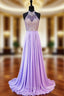 A-line Beaded Crystals Floor Length Backless Lilac Chiffon Formal Prom Dresses