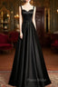 A-line Black Satin Straps Long Formal Dresses, Black Simple Formal Prom Dresses