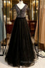 A-Line Black Tulle V-neck Cap Sleeve Beading Formal Prom Dresses