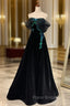 A-line Black Velvet and Tulle Off Shoulder Party Dresses, Black Long Formal Prom Dresses