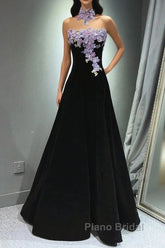 A-Line Black Velvet Long Party Dresses With Lace Applique, Black Velvet Formal Prom Dresses