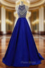 A-Line Blue Halter Satin Beading Formal Prom Dresses With Pocket