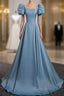 A-Line Blue Satin Short Sleeves Long Party Dresses, Blue Short Sleeves Formal Prom Dresses