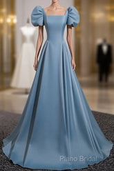 A-Line Blue Satin Short Sleeves Long Party Dresses, Blue Short Sleeves Formal Prom Dresses