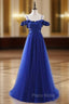 A-Line Blue Satin Tulle Spaghetti Straps Appliques Formal Prom Dresses