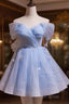 A-Line Blue Short Off Shoulder Knee Length Homecoming Dresses, Blue Short Formal Prom Dresses