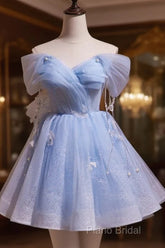 A-Line Blue Short Off Shoulder Knee Length Homecoming Dresses, Blue Short Formal Prom Dresses