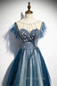 A-line Blue Tulle Long Beaded Formal Prom Dresses, A-Line Formal Evening Dresses