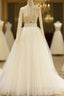 A-Line Blue Tulle Long Sleeve Deep V-neck Wedding Dresses