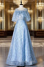 A-Line Blue Tulle Sequins Bat Sleeve Formal Prom Dresses