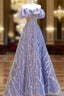 A-Line Blue Tulle Sequins Off the Shoulder Formal Prom Dresses