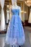 A-Line Blue Tulle Sleeveless Butterfly Backless Beading Formal Prom Dresses