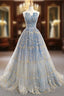 A-Line Blue Tulle Strapless Neck Floor Length Wedding Dresses