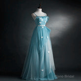 A-line Blue Tulle Straps Long Formal Dress, Blue Long Evening Dress Prom Dress