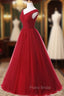 A Line Burgundy Long V-neck Tulle Formal Prom Dresses