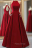 A Line Burgundy Satin Halter Open Back Evening Dresses With Pocket