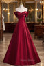 A-Line Burgundy Satin Off the Shoulder Pleats Formal Prom Dresses