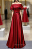 A-Line Burgundy Satin Off the Shoulder Formal Prom Dresses With Button