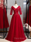A-Line Burgundy Tulle Lace Appliques Short Sleeve Formal Prom Dresses
