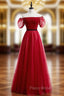 A-Line Burgundy Tulle Puff Sleeve Off the Shoulder Formal Prom Dresses