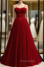 A-Line Burgundy Tulle Spaghetti Straps Pleats Formal Prom Dresses