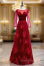 A-Line Burgundy Tulle Velvet Long Sleeve Formal Prom Dresses