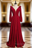 A-Line Burgundy Velvet Long Sleeve Formal Prom Dresses With Split